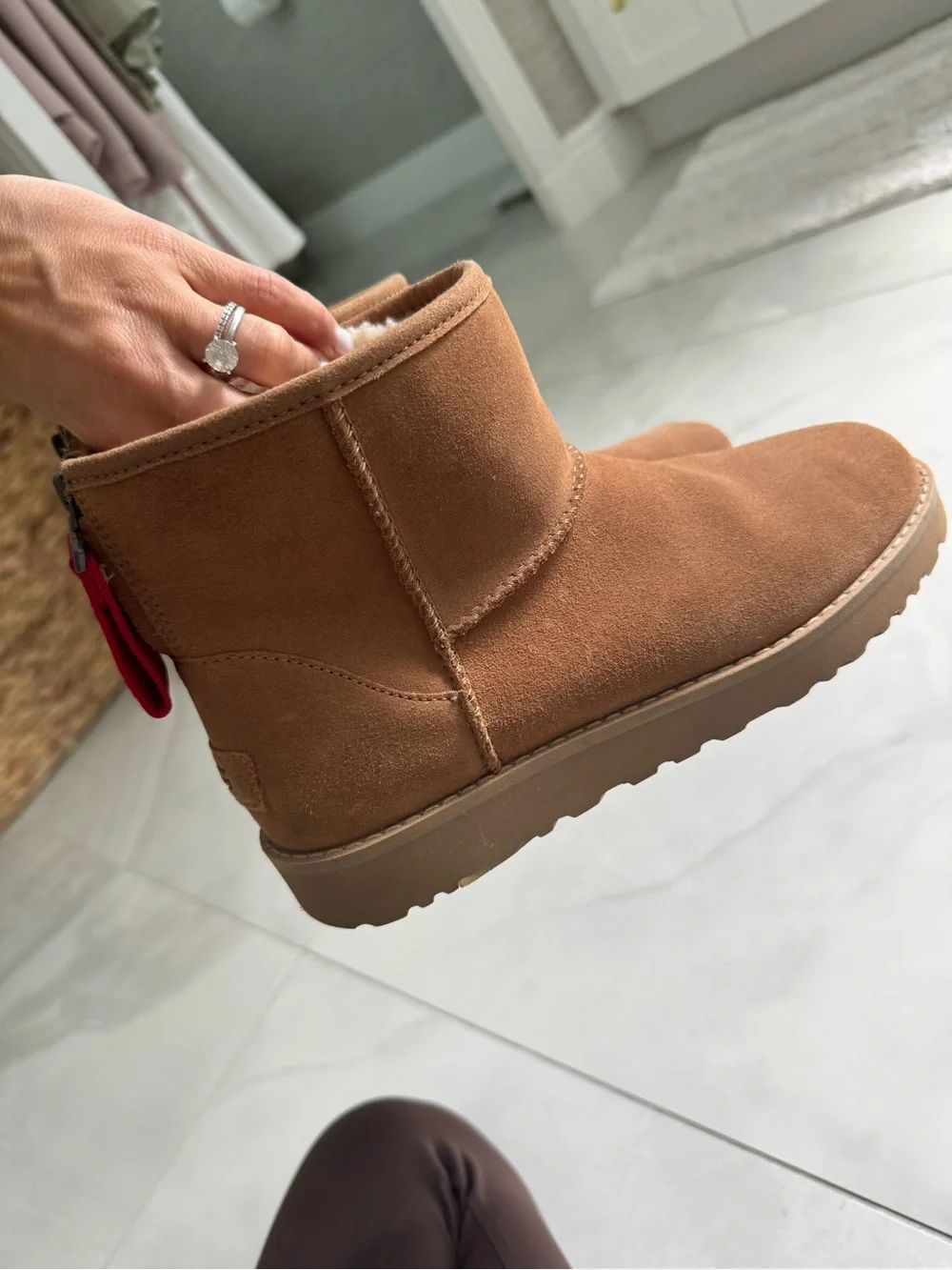 UGG Mini Ankle Boots in Chestnut with Red Pull Tab - Size 6
